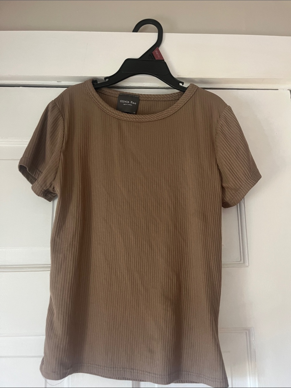 Olivia Rae Short Sleeve Ribbed Tee in Taupe Brown